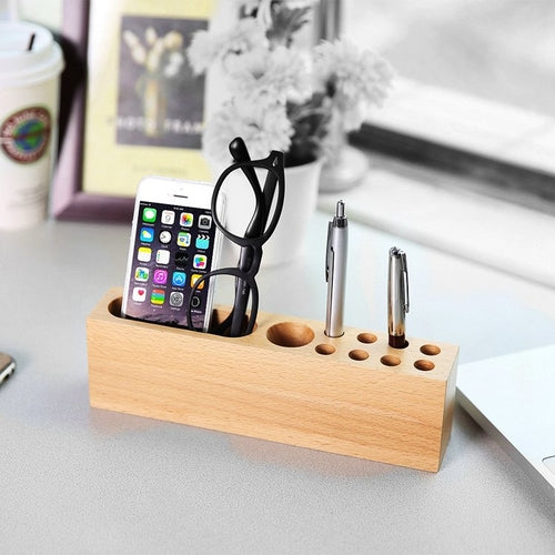 Wood iPhone Holder & Pen Container – Beech Wood Desk Organizer