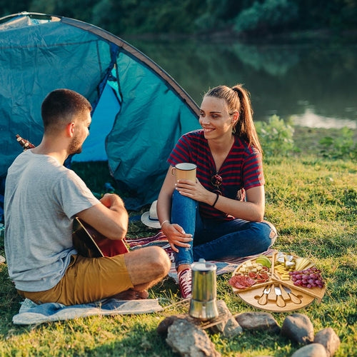 Swivel Bamboo Cheese Board with Hidden Drawer and Knife Set – 14-Inch Round