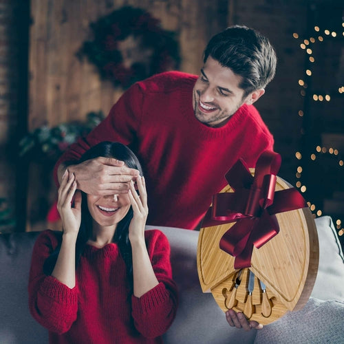 Swivel Bamboo Cheese Board with Hidden Drawer and Knife Set – 14-Inch Round