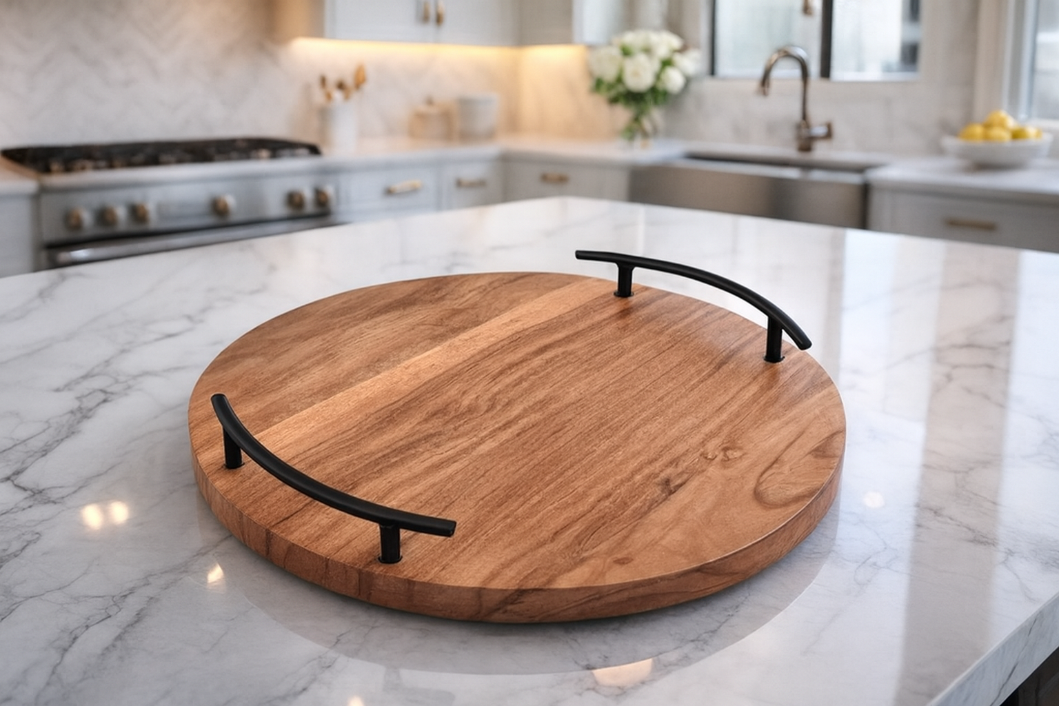 Hearthwood Round Serving Tray with Iron Handles