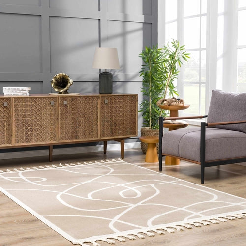 Cream and White High-Low Textured Shag Rug with Fringe