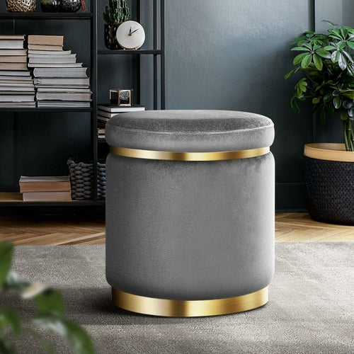 Velour Round Pouf Ottoman in Charcoal