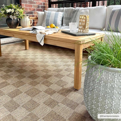 Camel and Brown Checkered Indoor/Outdoor Rug