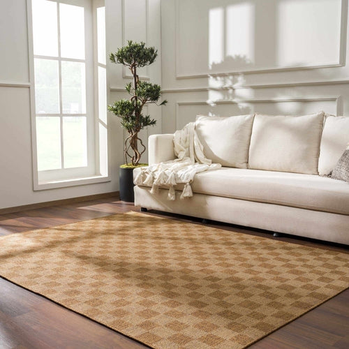 Camel and Brown Checkered Indoor/Outdoor Rug