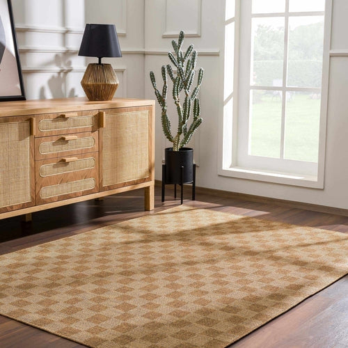 Camel and Brown Checkered Indoor/Outdoor Rug