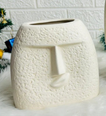 White Sculpted Face Ceramic Vase