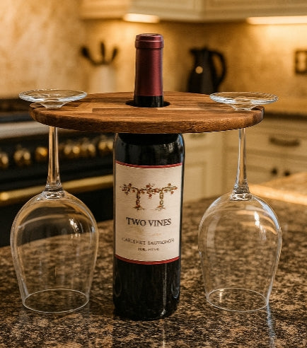 Acacia Wood Wine Glass Caddy – Handcrafted Bottle Top Serving Display