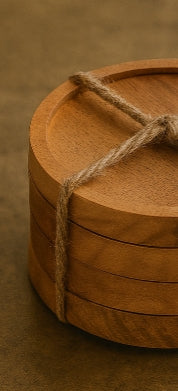 Round Wooden Coasters Set with Holder – Natural Finish (Set of 6)