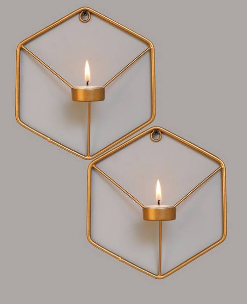 Set of 2 Gold-Toned Wall Mounted Hexagon Tealight Candle Holders