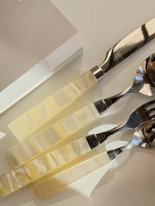 Pearl Flatware Set of 8 Pcs, Elegant Italian Giada Cutlery, Ivory Silver